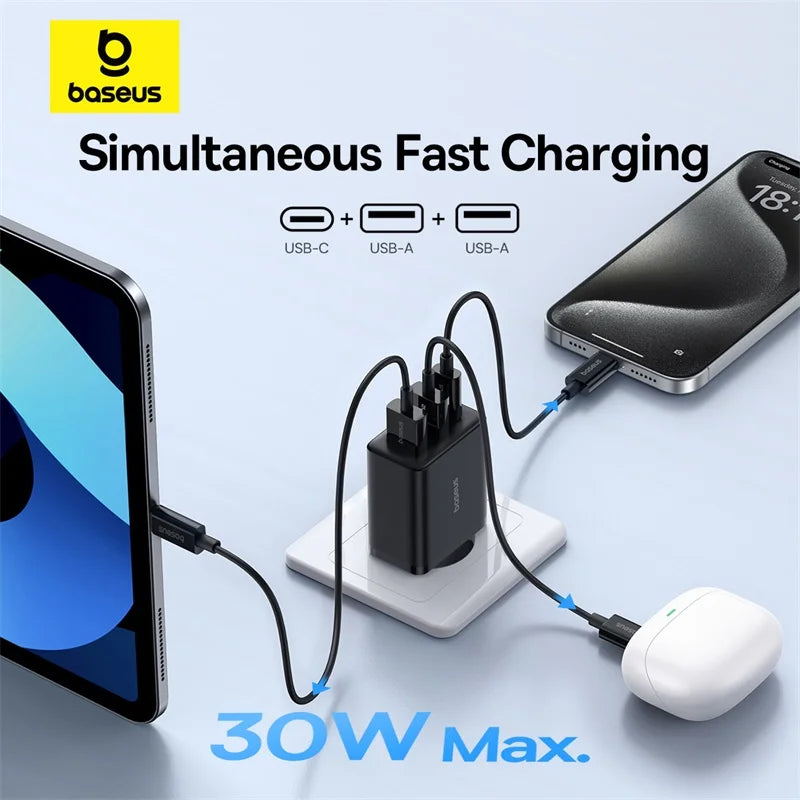 Baseus 30W Fast Charger 3-Port PD/QC3.0