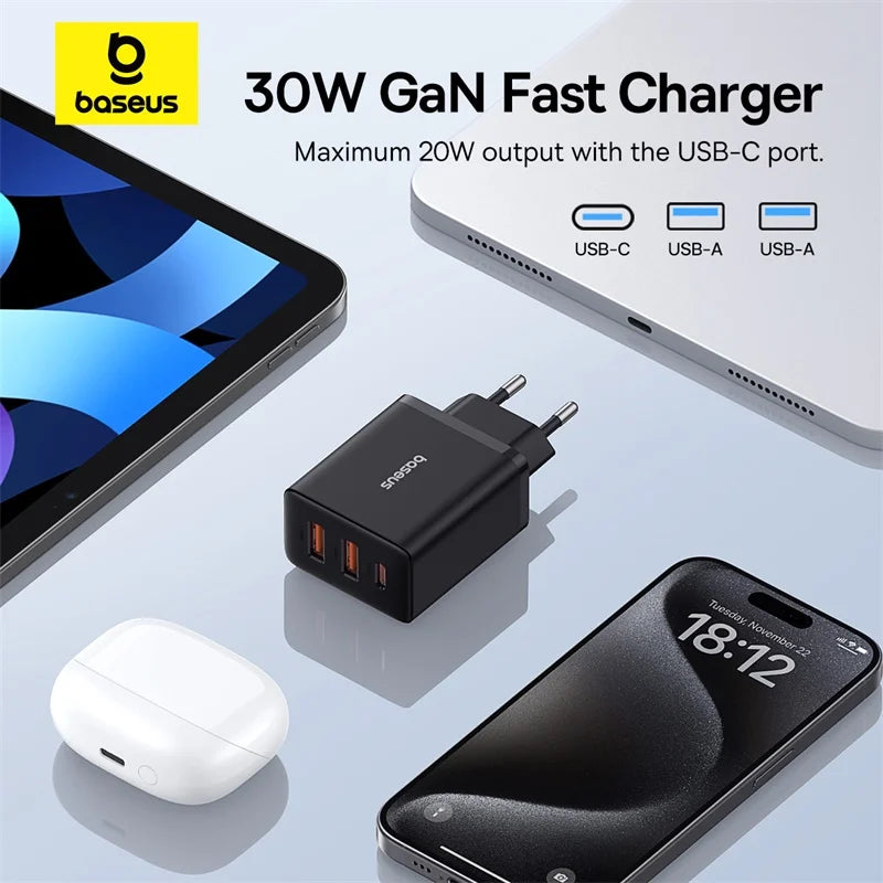 Baseus 30W Fast Charger 3-Port PD/QC3.0